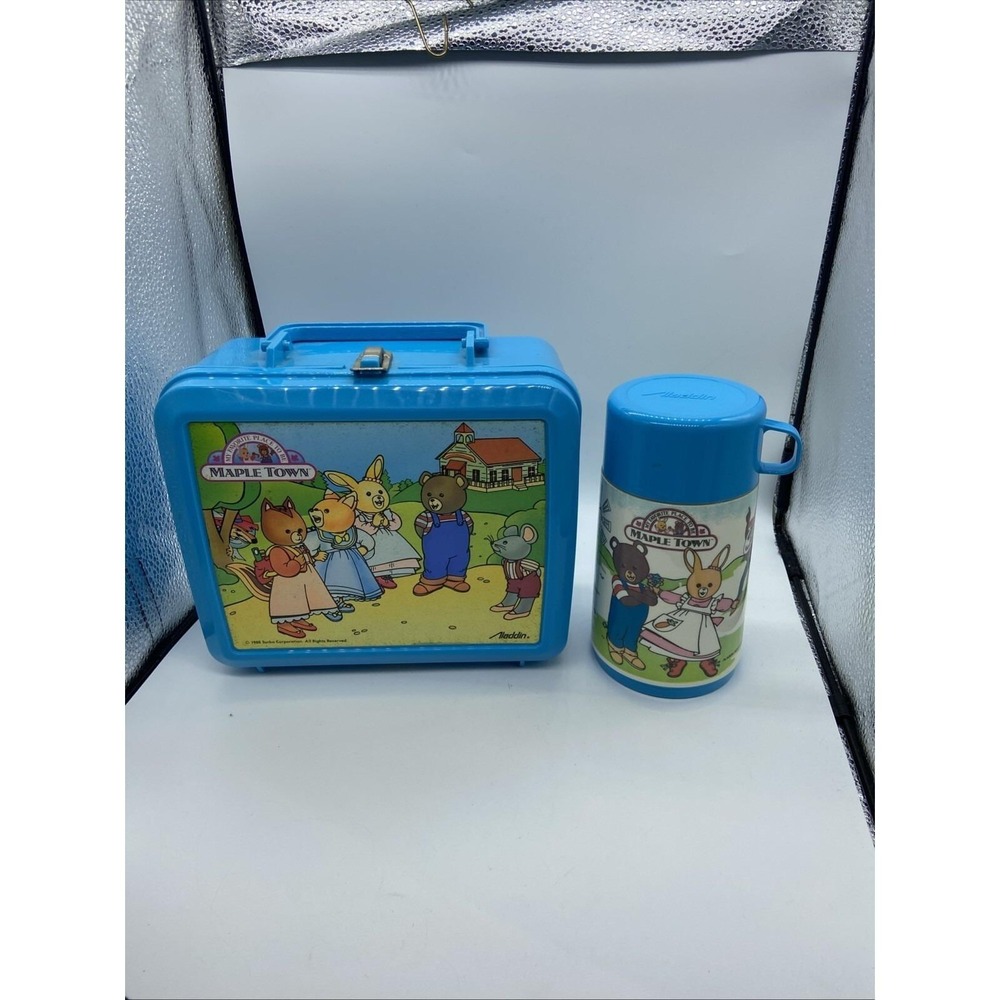 Vintage 1988 Maple Town Lunch Box with Thermos Aladdin Tonka Corp Blue Plastic